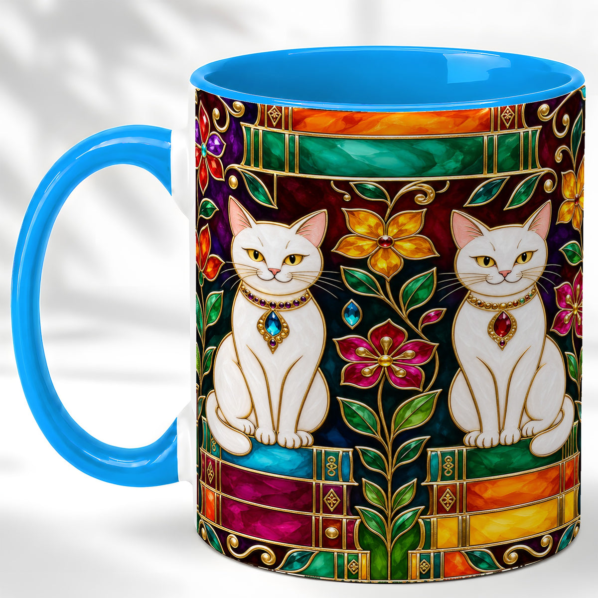 #pl[11oz|Blue] Jeweled White Cats Coffee Mug, Floral Cat Mug, Ceramic Cup