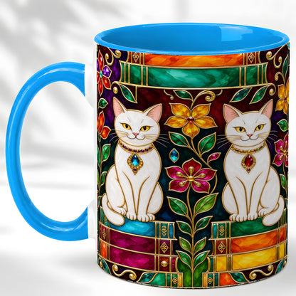 #pl[11oz|Blue] Jeweled White Cats Coffee Mug, Floral Cat Mug, Ceramic Cup