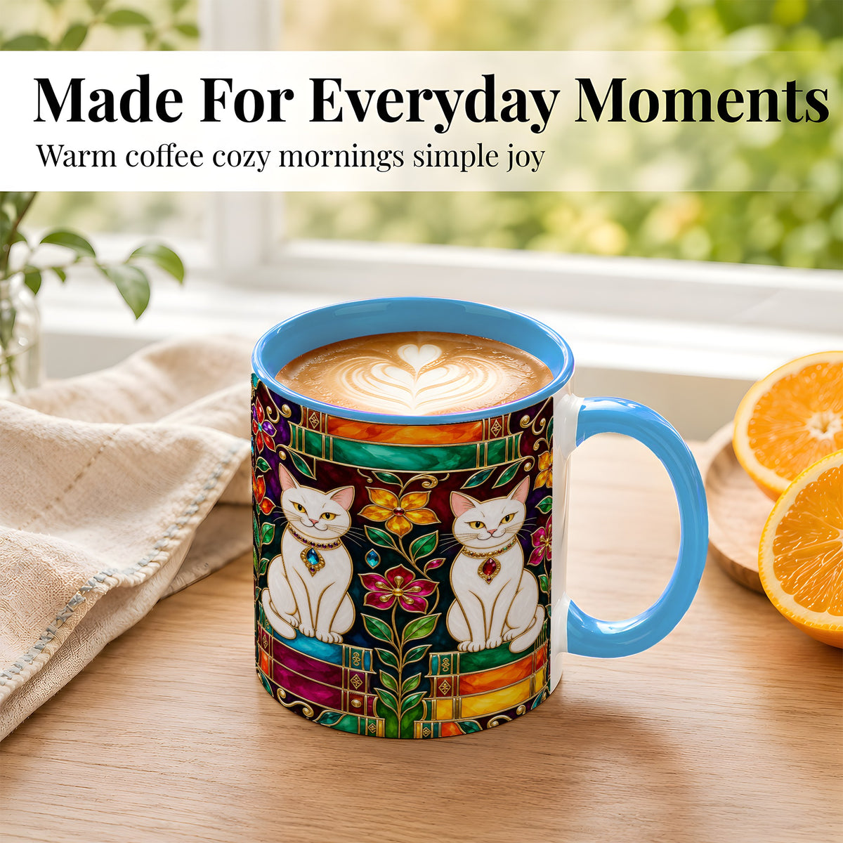 #pl[11oz|Blue] Jeweled White Cats Coffee Mug, Floral Cat Mug, Ceramic Cup