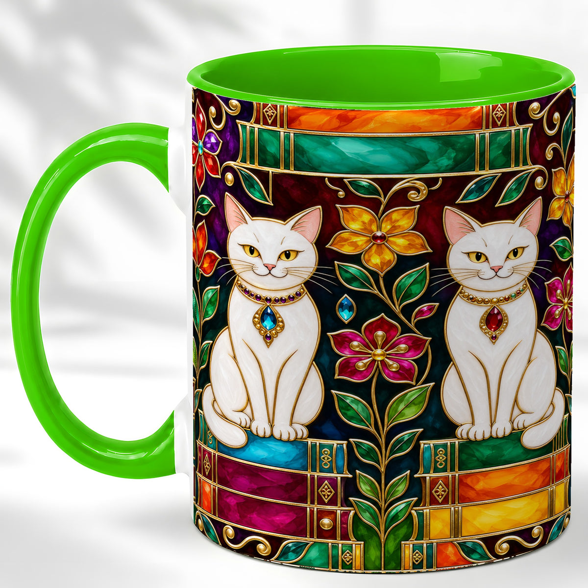 #pl[11oz|Green] Jeweled White Cats Coffee Mug, Floral Cat Mug, Ceramic Cup