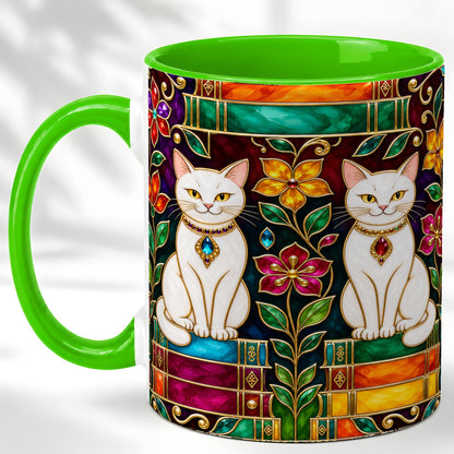 #pl[11oz|Green] Jeweled White Cats Coffee Mug, Floral Cat Mug, Ceramic Cup