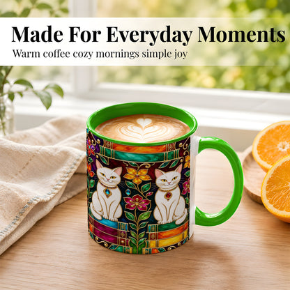 #pl[11oz|Green] Jeweled White Cats Coffee Mug, Floral Cat Mug, Ceramic Cup
