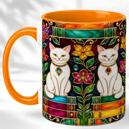 #pl[11oz|Orange] Jeweled White Cats Coffee Mug, Floral Cat Mug, Ceramic Cup