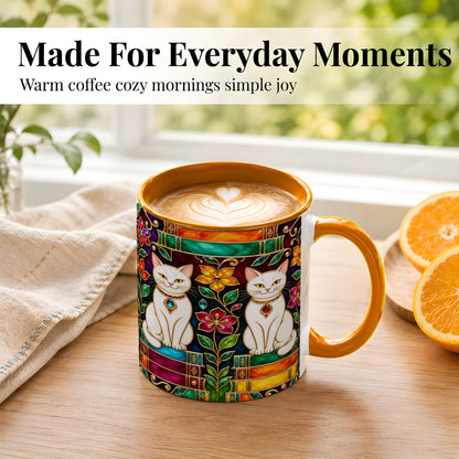 #pl[11oz|Orange] Jeweled White Cats Coffee Mug, Floral Cat Mug, Ceramic Cup