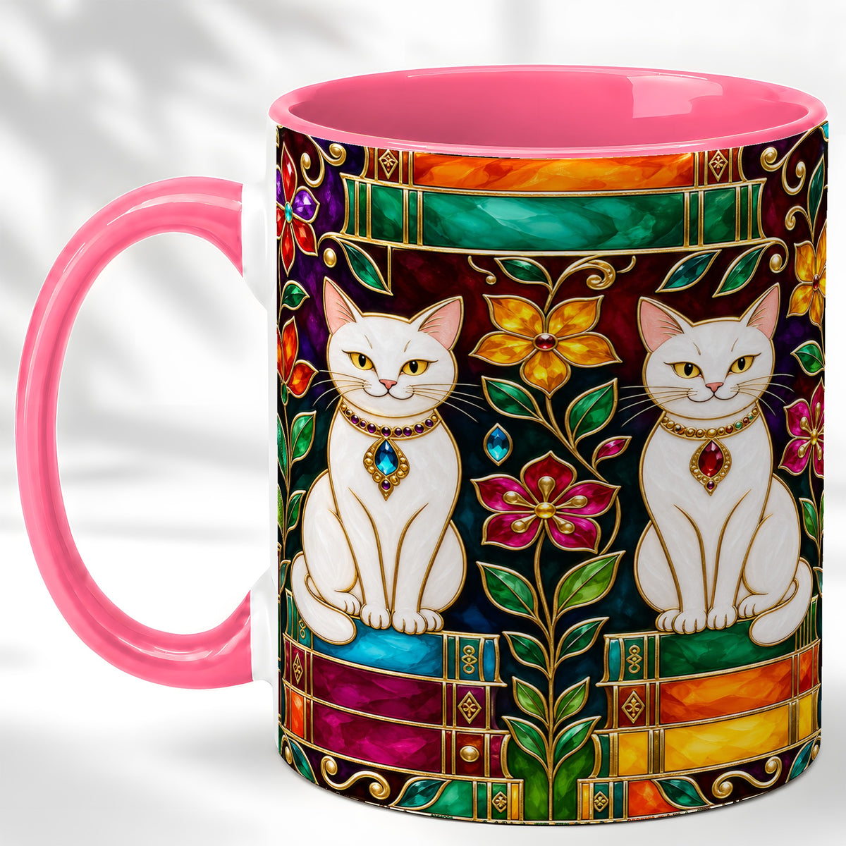 #pl[11oz|Pink] Jeweled White Cats Coffee Mug, Floral Cat Mug, Ceramic Cup