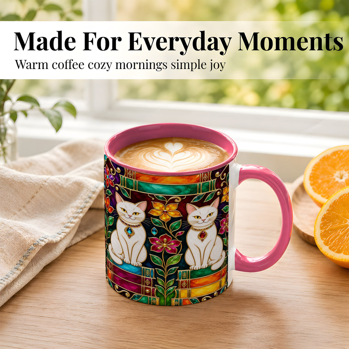 #pl[11oz|Pink] Jeweled White Cats Coffee Mug, Floral Cat Mug, Ceramic Cup