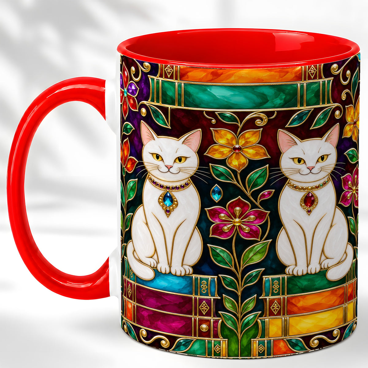 Jeweled White Cats Coffee Mug, Floral Cat Mug, Ceramic Cup