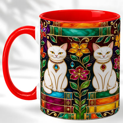 Jeweled White Cats Coffee Mug, Floral Cat Mug, Ceramic Cup