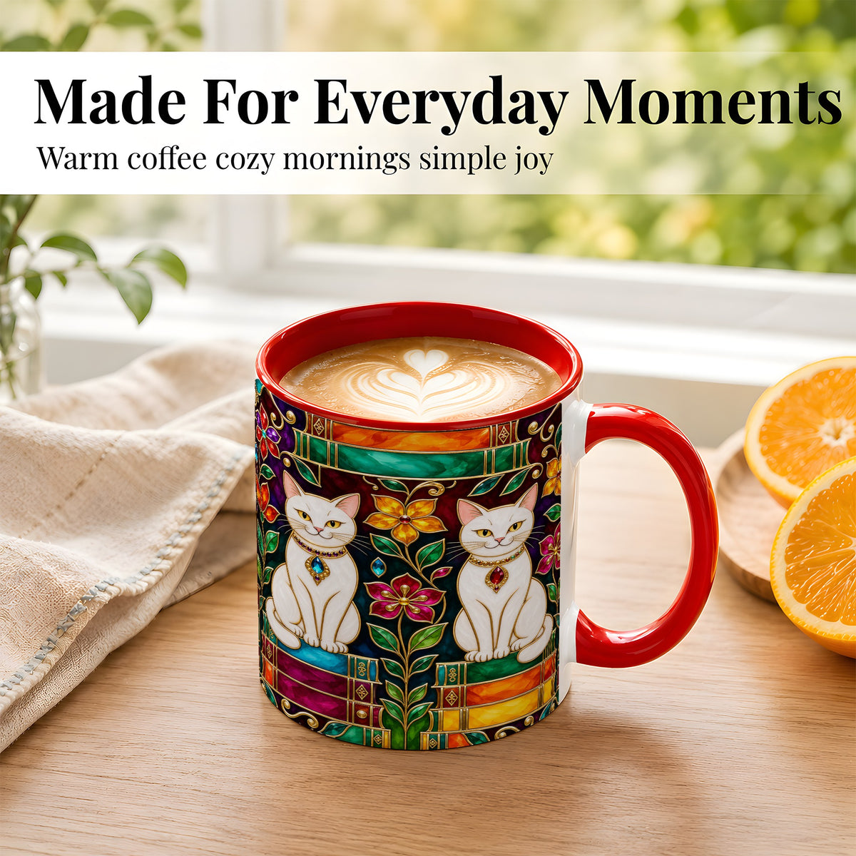 #pl[11oz|Red] Jeweled White Cats Coffee Mug, Floral Cat Mug, Ceramic Cup