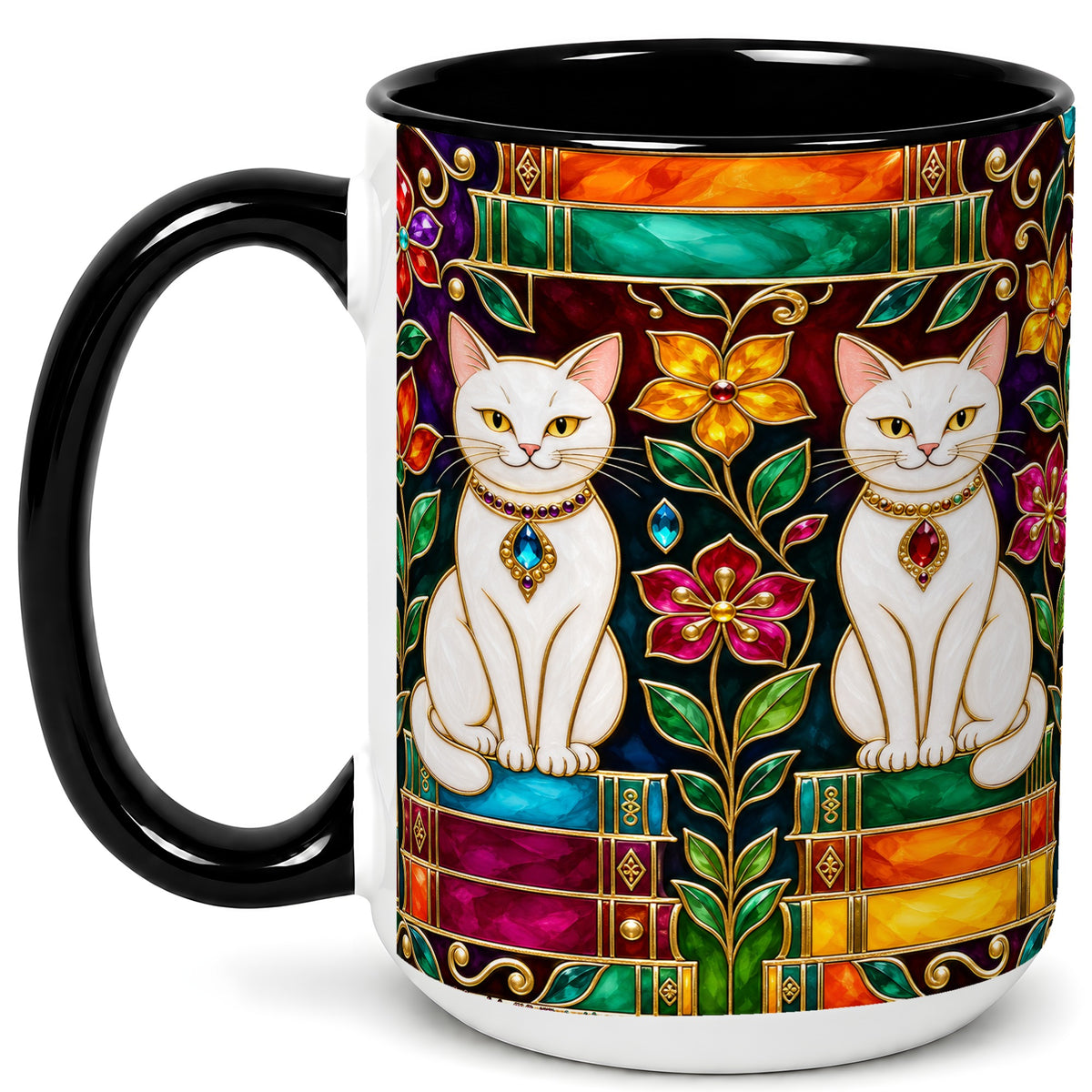 #pl[15oz|Black] Jeweled White Cats Coffee Mug, Floral Cat Mug, Ceramic Cup