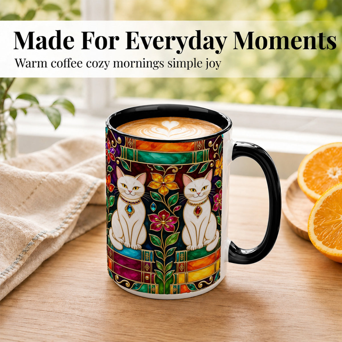 #pl[15oz|Black] Jeweled White Cats Coffee Mug, Floral Cat Mug, Ceramic Cup