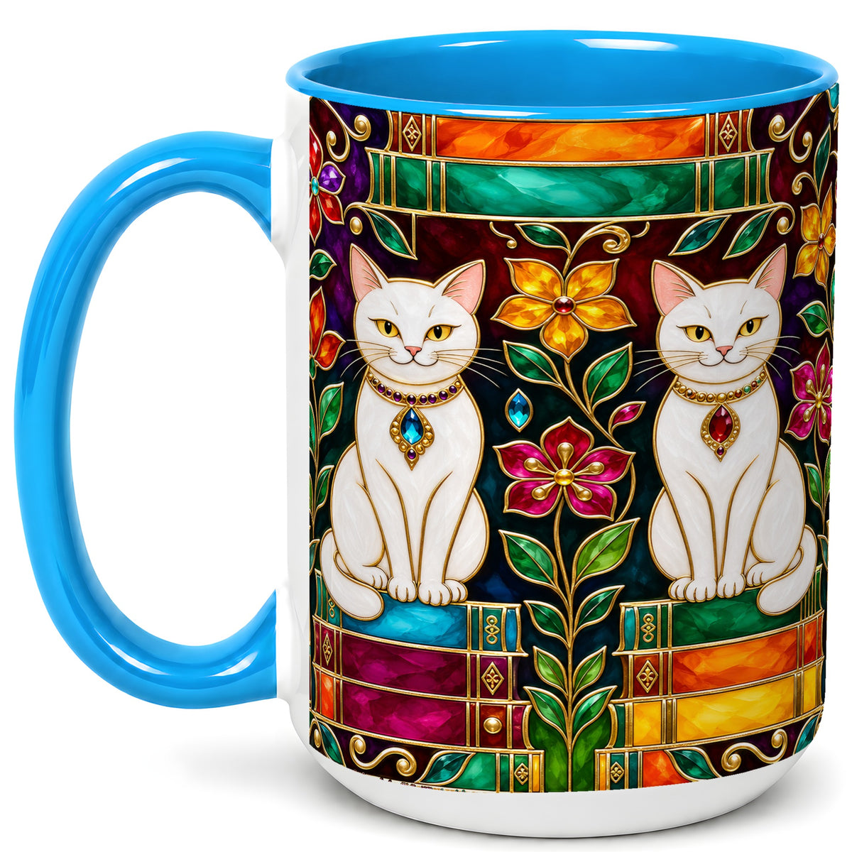 #pl[15oz|Blue] Jeweled White Cats Coffee Mug, Floral Cat Mug, Ceramic Cup