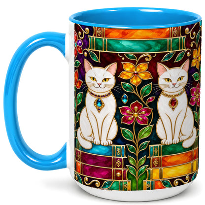#pl[15oz|Blue] Jeweled White Cats Coffee Mug, Floral Cat Mug, Ceramic Cup