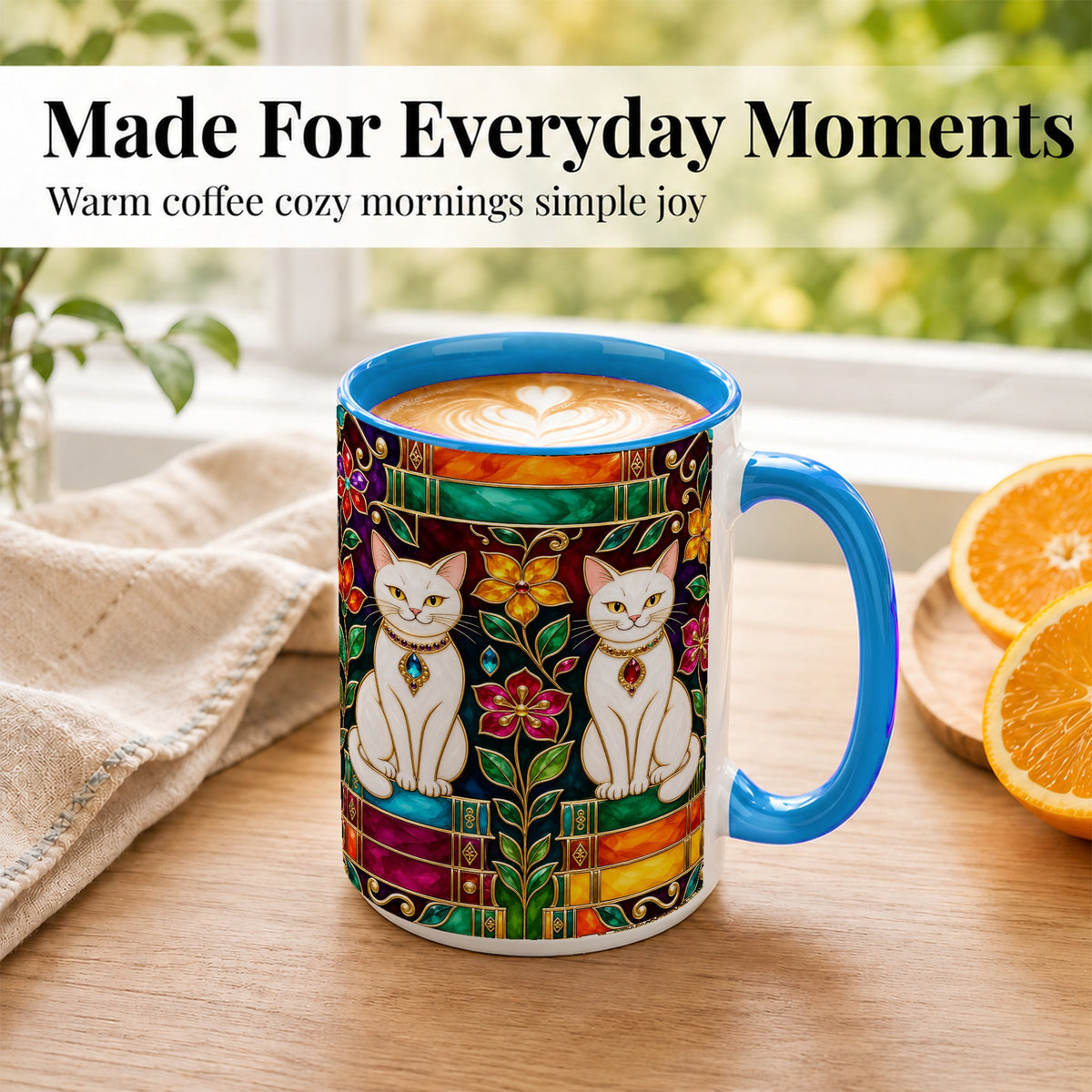 #pl[15oz|Blue] Jeweled White Cats Coffee Mug, Floral Cat Mug, Ceramic Cup