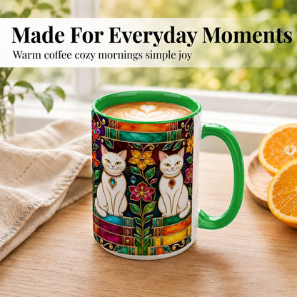 #pl[15oz|Green] Jeweled White Cats Coffee Mug, Floral Cat Mug, Ceramic Cup