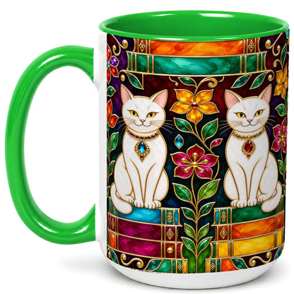 #pl[15oz|Green] Jeweled White Cats Coffee Mug, Floral Cat Mug, Ceramic Cup