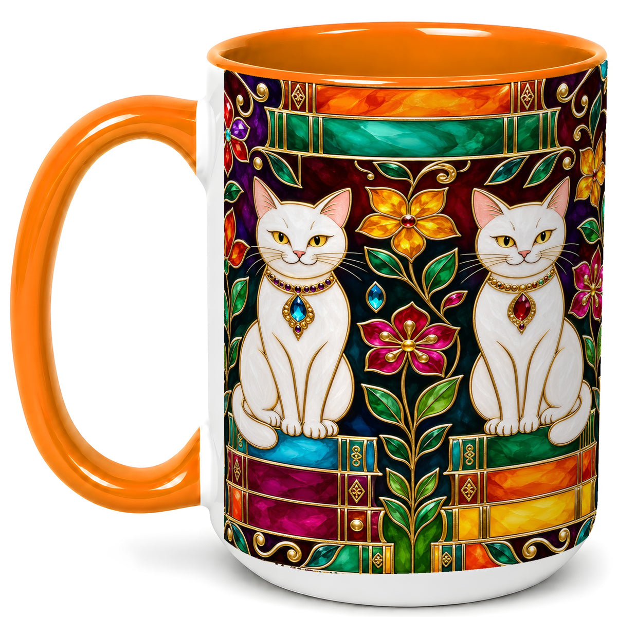 #pl[15oz|Orange] Jeweled White Cats Coffee Mug, Floral Cat Mug, Ceramic Cup
