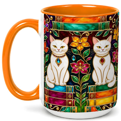 #pl[15oz|Orange] Jeweled White Cats Coffee Mug, Floral Cat Mug, Ceramic Cup