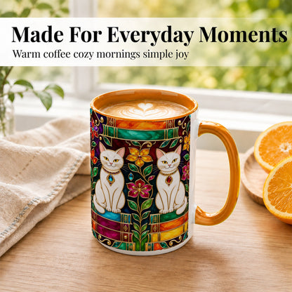 #pl[15oz|Orange] Jeweled White Cats Coffee Mug, Floral Cat Mug, Ceramic Cup
