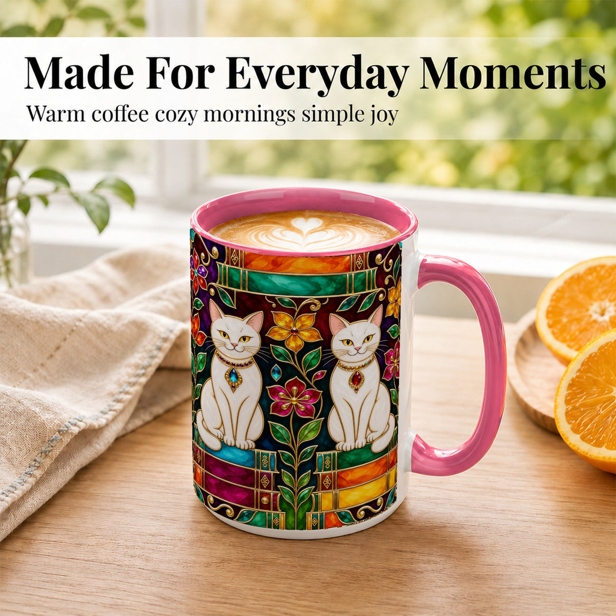 #pl[15oz|Pink] Jeweled White Cats Coffee Mug, Floral Cat Mug, Ceramic Cup