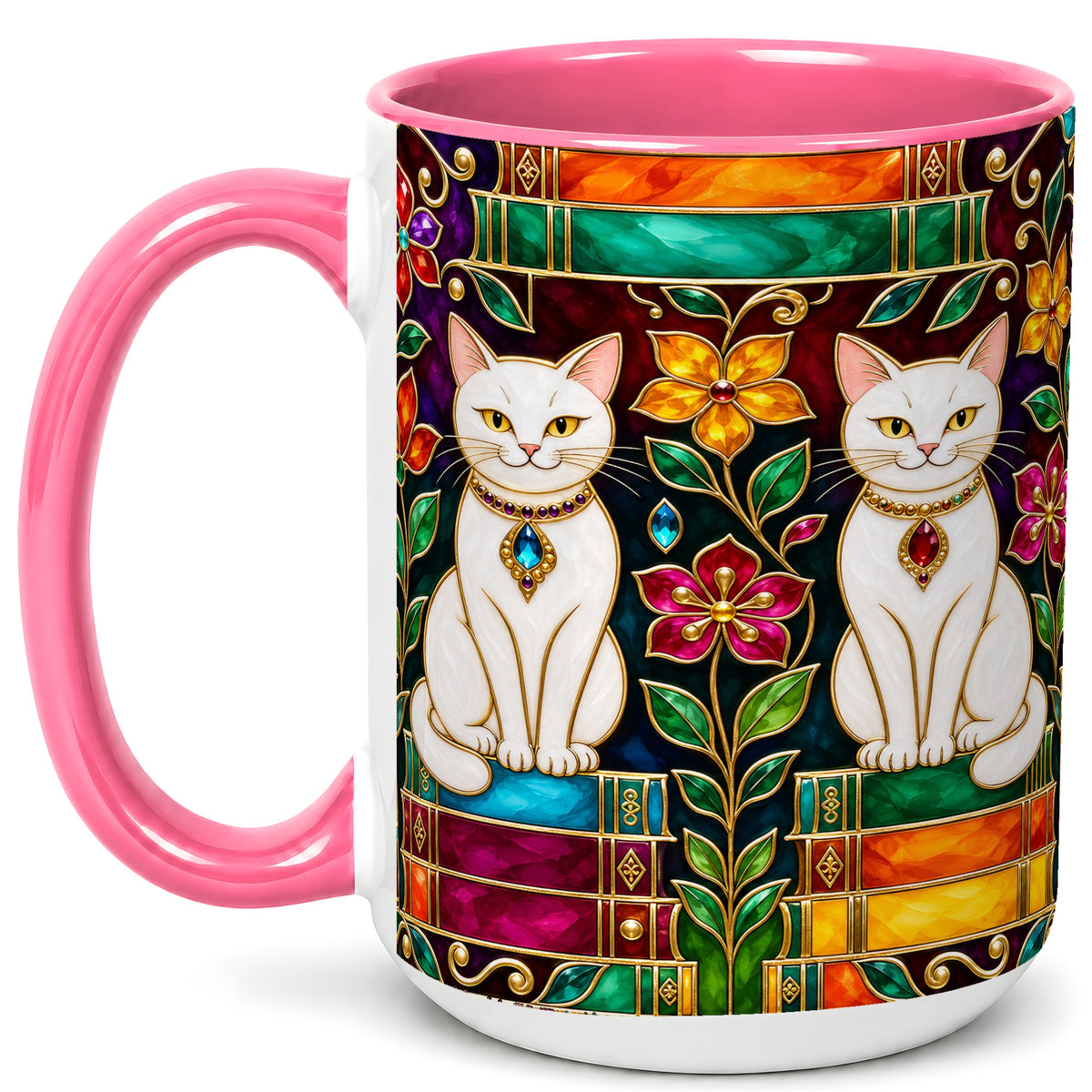 #pl[15oz|Pink] Jeweled White Cats Coffee Mug, Floral Cat Mug, Ceramic Cup