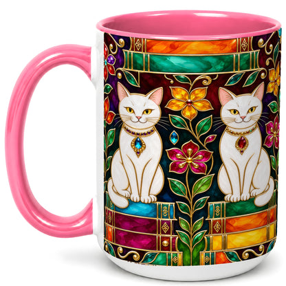 #pl[15oz|Pink] Jeweled White Cats Coffee Mug, Floral Cat Mug, Ceramic Cup