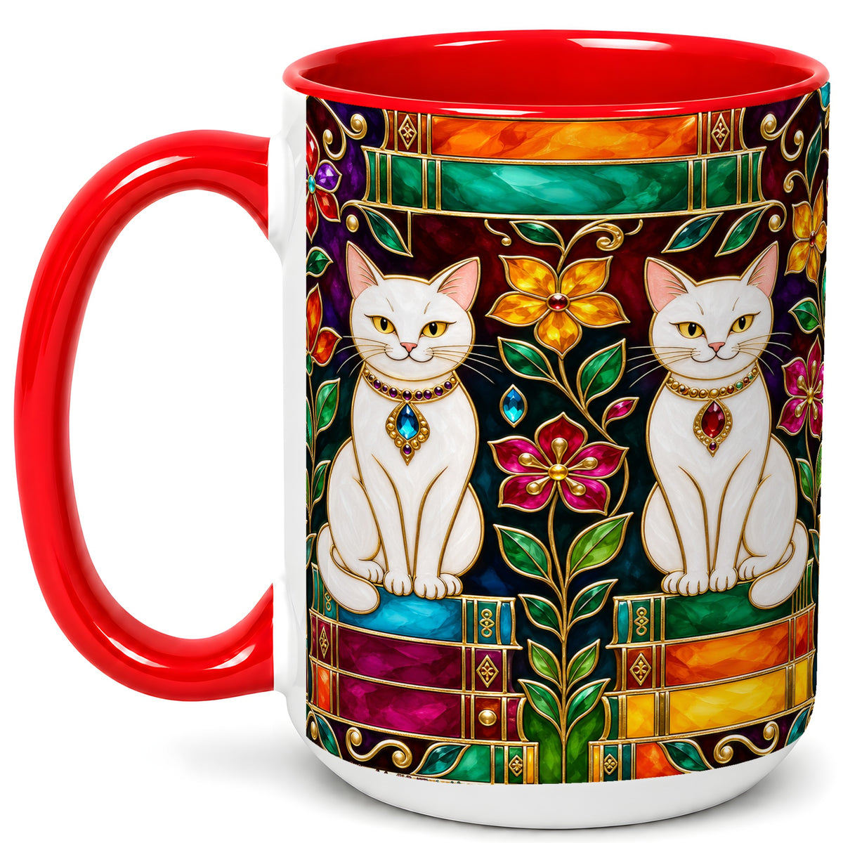 #pl[15oz|Red] Jeweled White Cats Coffee Mug, Floral Cat Mug, Ceramic Cup