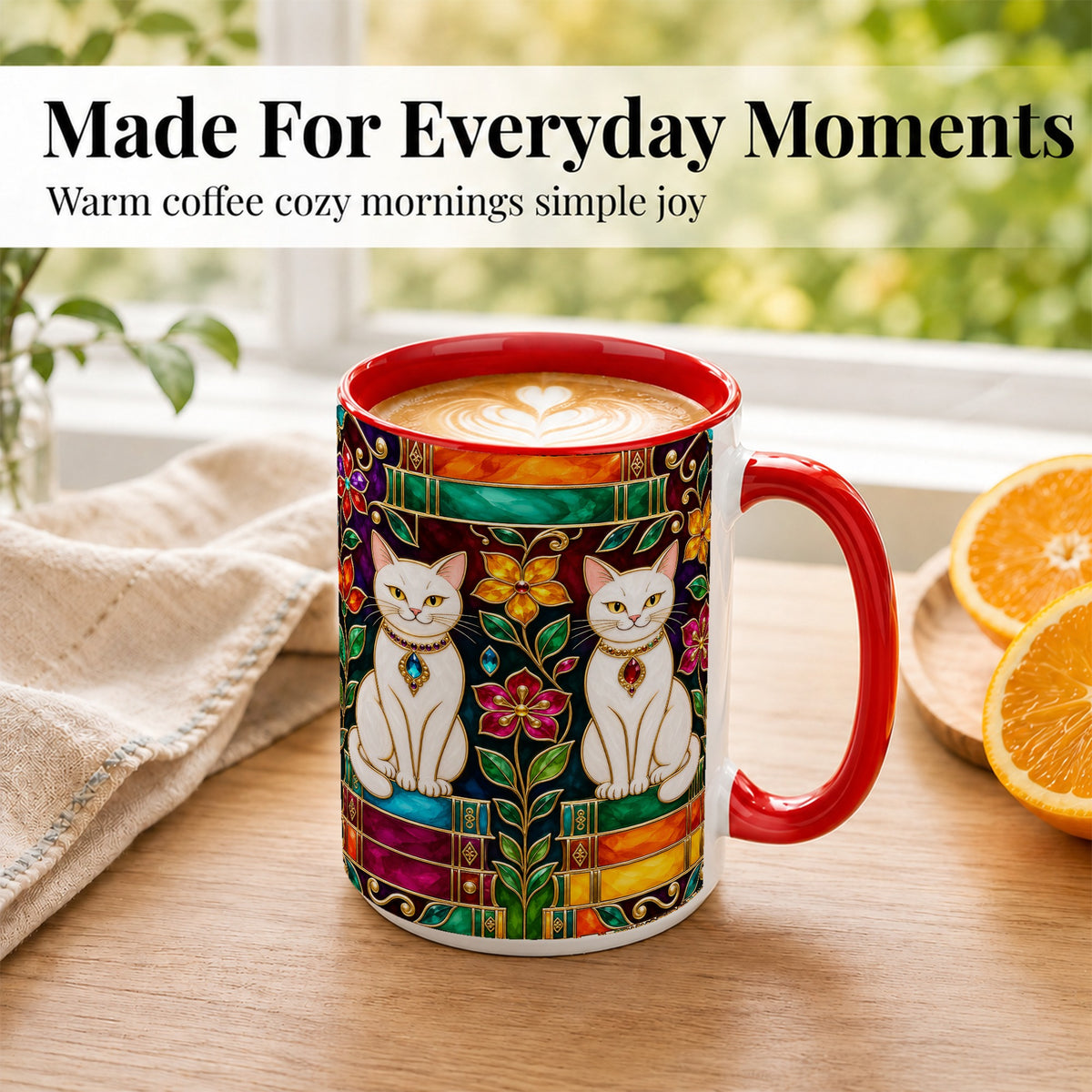 #pl[15oz|Red] Jeweled White Cats Coffee Mug, Floral Cat Mug, Ceramic Cup