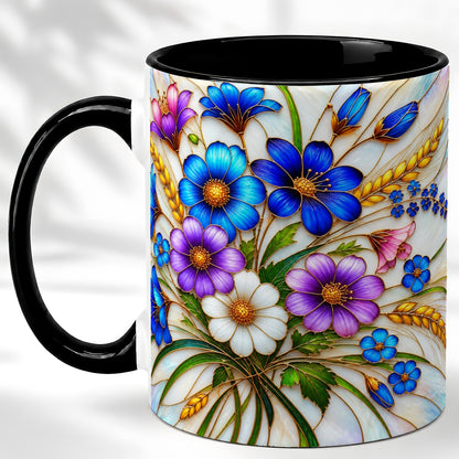 #pl[11oz|Black] Blue Wildflower Coffee Mug, Botanical Floral Mug, Ceramic Cup