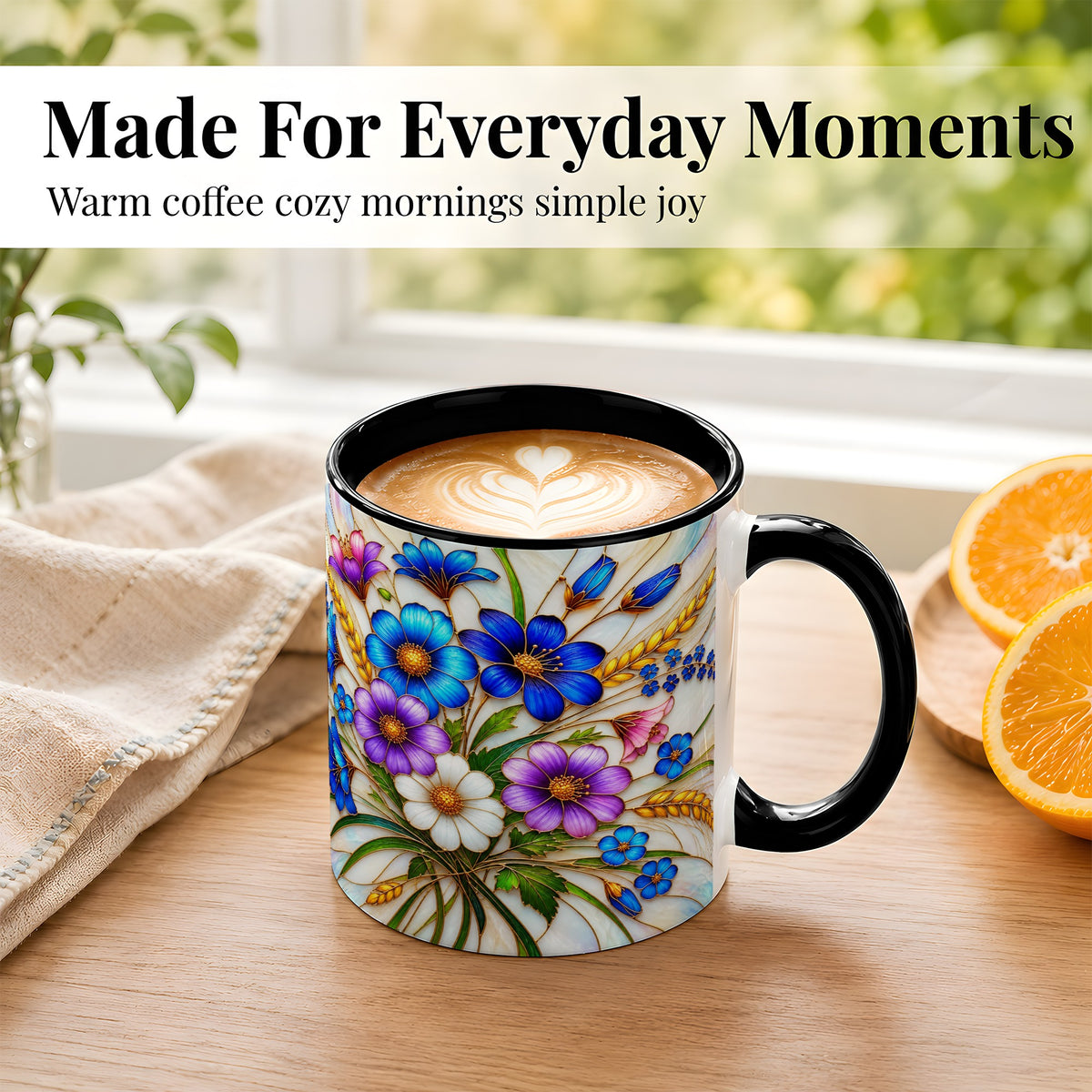 #pl[11oz|Black] Blue Wildflower Coffee Mug, Botanical Floral Mug, Ceramic Cup