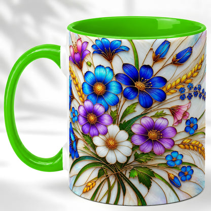 #pl[11oz|Green] Blue Wildflower Coffee Mug, Botanical Floral Mug, Ceramic Cup