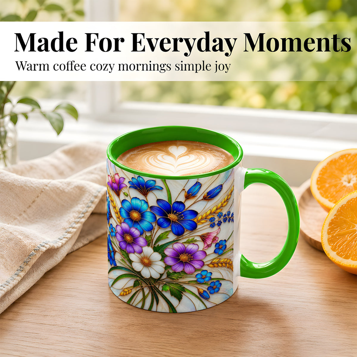 #pl[11oz|Green] Blue Wildflower Coffee Mug, Botanical Floral Mug, Ceramic Cup