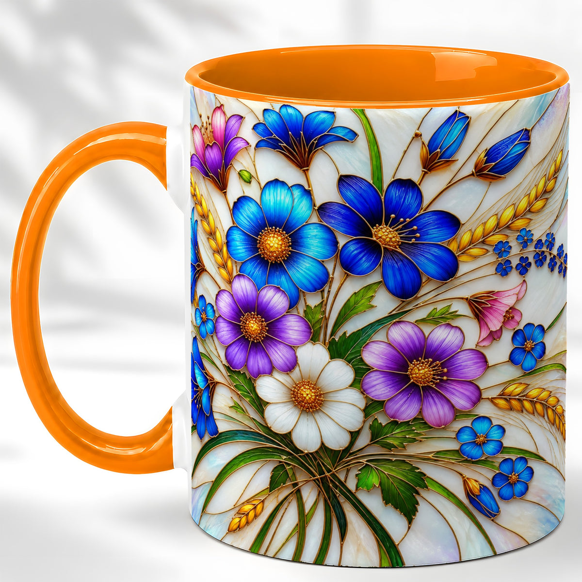 #pl[11oz|Orange] Blue Wildflower Coffee Mug, Botanical Floral Mug, Ceramic Cup