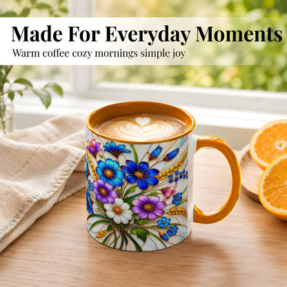 #pl[11oz|Orange] Blue Wildflower Coffee Mug, Botanical Floral Mug, Ceramic Cup