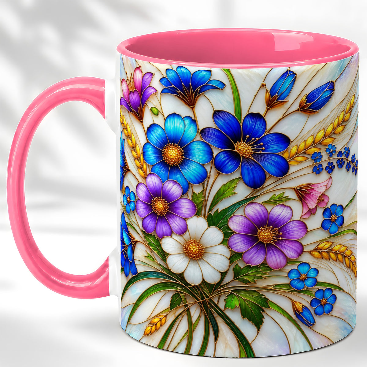 #pl[11oz|Pink] Blue Wildflower Coffee Mug, Botanical Floral Mug, Ceramic Cup
