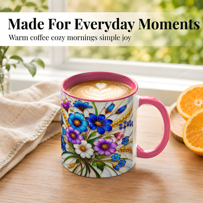 #pl[11oz|Pink] Blue Wildflower Coffee Mug, Botanical Floral Mug, Ceramic Cup