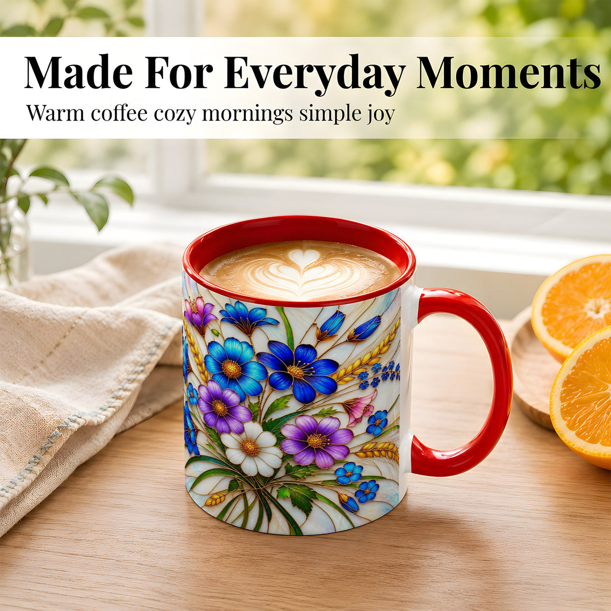 #pl[11oz|Red] Blue Wildflower Coffee Mug, Botanical Floral Mug, Ceramic Cup