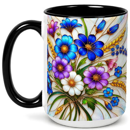 #pl[15oz|Black] Blue Wildflower Coffee Mug, Botanical Floral Mug, Ceramic Cup