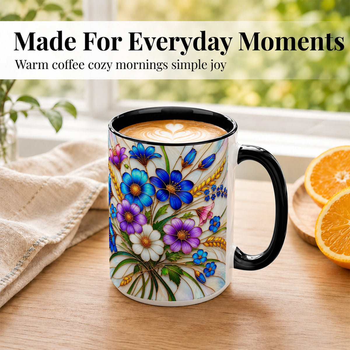 #pl[15oz|Black] Blue Wildflower Coffee Mug, Botanical Floral Mug, Ceramic Cup