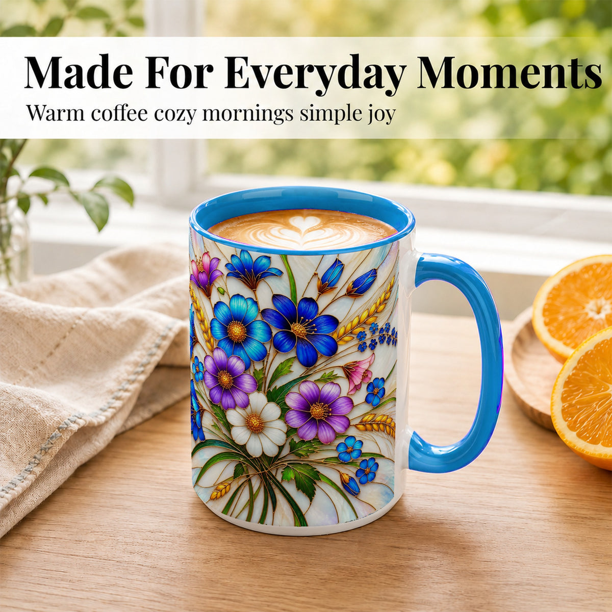 #pl[15oz|Blue] Blue Wildflower Coffee Mug, Botanical Floral Mug, Ceramic Cup