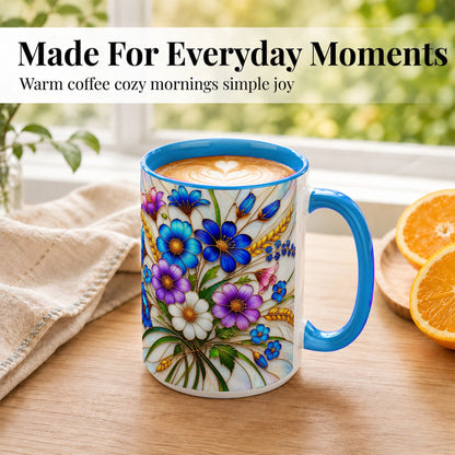 #pl[15oz|Blue] Blue Wildflower Coffee Mug, Botanical Floral Mug, Ceramic Cup