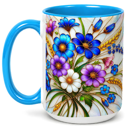 #pl[15oz|Blue] Blue Wildflower Coffee Mug, Botanical Floral Mug, Ceramic Cup