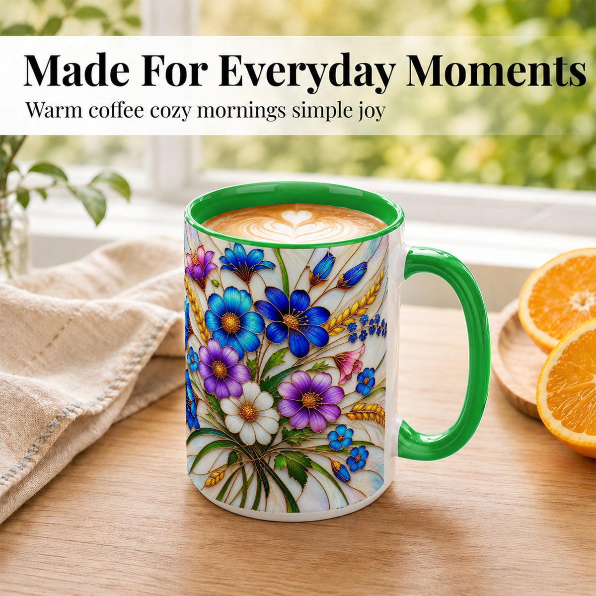 #pl[15oz|Green] Blue Wildflower Coffee Mug, Botanical Floral Mug, Ceramic Cup