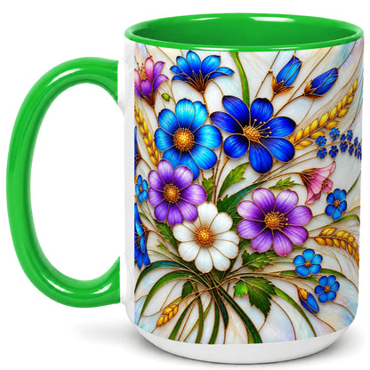#pl[15oz|Green] Blue Wildflower Coffee Mug, Botanical Floral Mug, Ceramic Cup