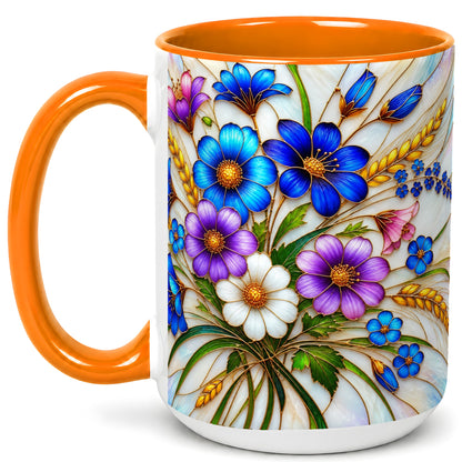 #pl[15oz|Orange] Blue Wildflower Coffee Mug, Botanical Floral Mug, Ceramic Cup