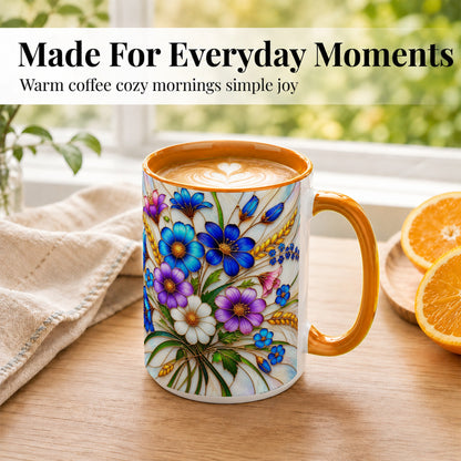 #pl[15oz|Orange] Blue Wildflower Coffee Mug, Botanical Floral Mug, Ceramic Cup