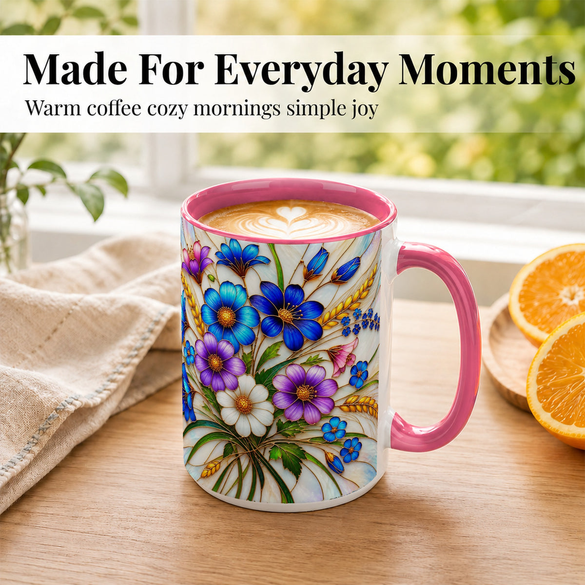 #pl[15oz|Pink] Blue Wildflower Coffee Mug, Botanical Floral Mug, Ceramic Cup