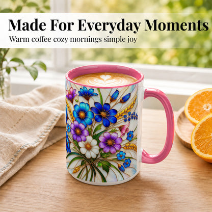 #pl[15oz|Pink] Blue Wildflower Coffee Mug, Botanical Floral Mug, Ceramic Cup