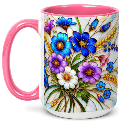 #pl[15oz|Pink] Blue Wildflower Coffee Mug, Botanical Floral Mug, Ceramic Cup