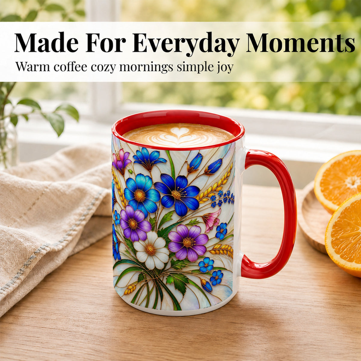 #pl[15oz|Red] Blue Wildflower Coffee Mug, Botanical Floral Mug, Ceramic Cup